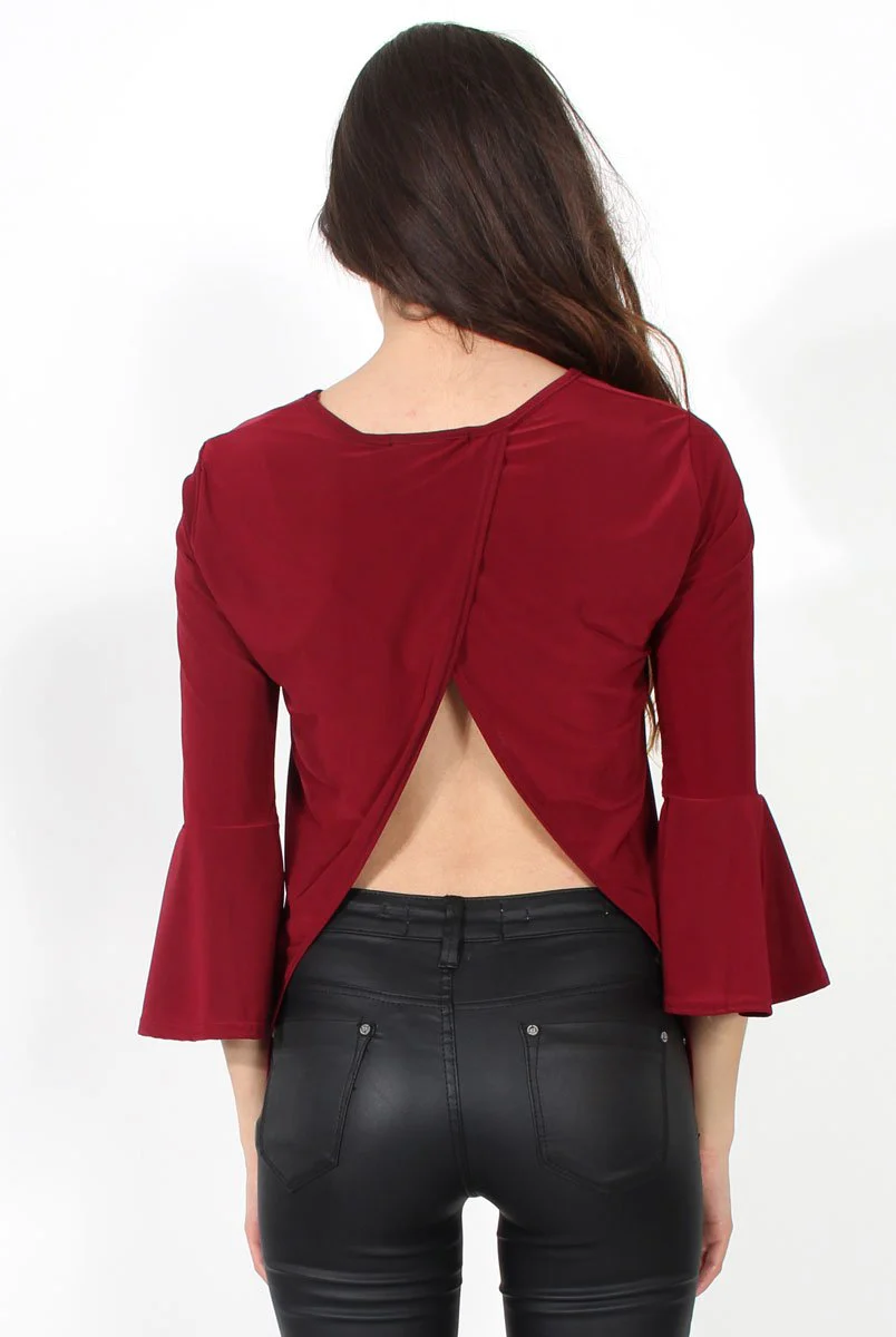 Alyssa Wine Split Back Bell Sleeved Top - Image 3