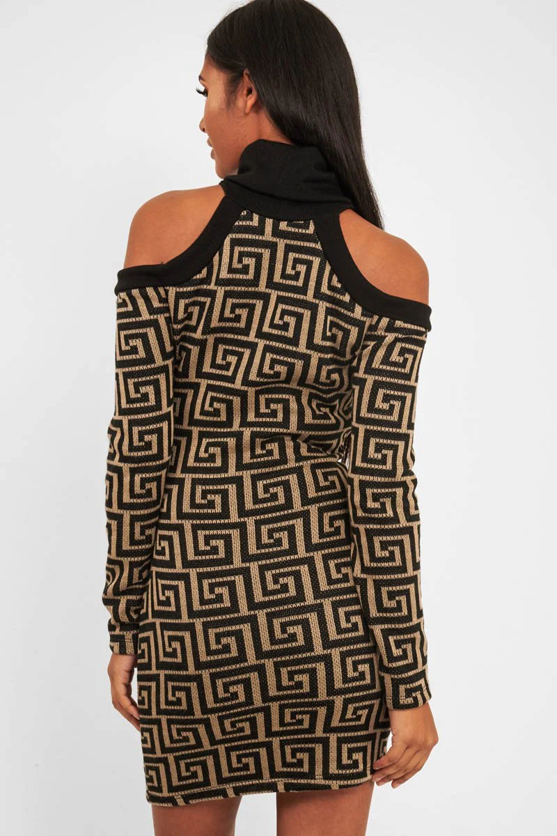 Beige Black Repeat Pattern Cold Shoulder Dress - Donya - Image 4