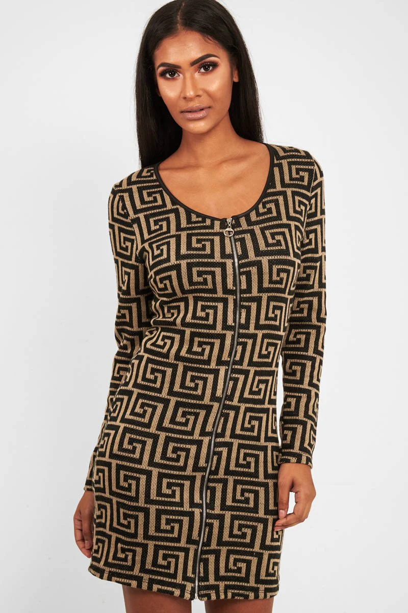 Beige Black Repeat Pattern Knit Dress - Lauralie - Image 3