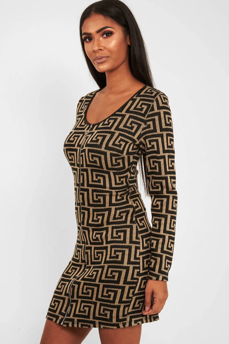Beige Black Repeat Pattern Knit Dress - Lauralie - Image 4