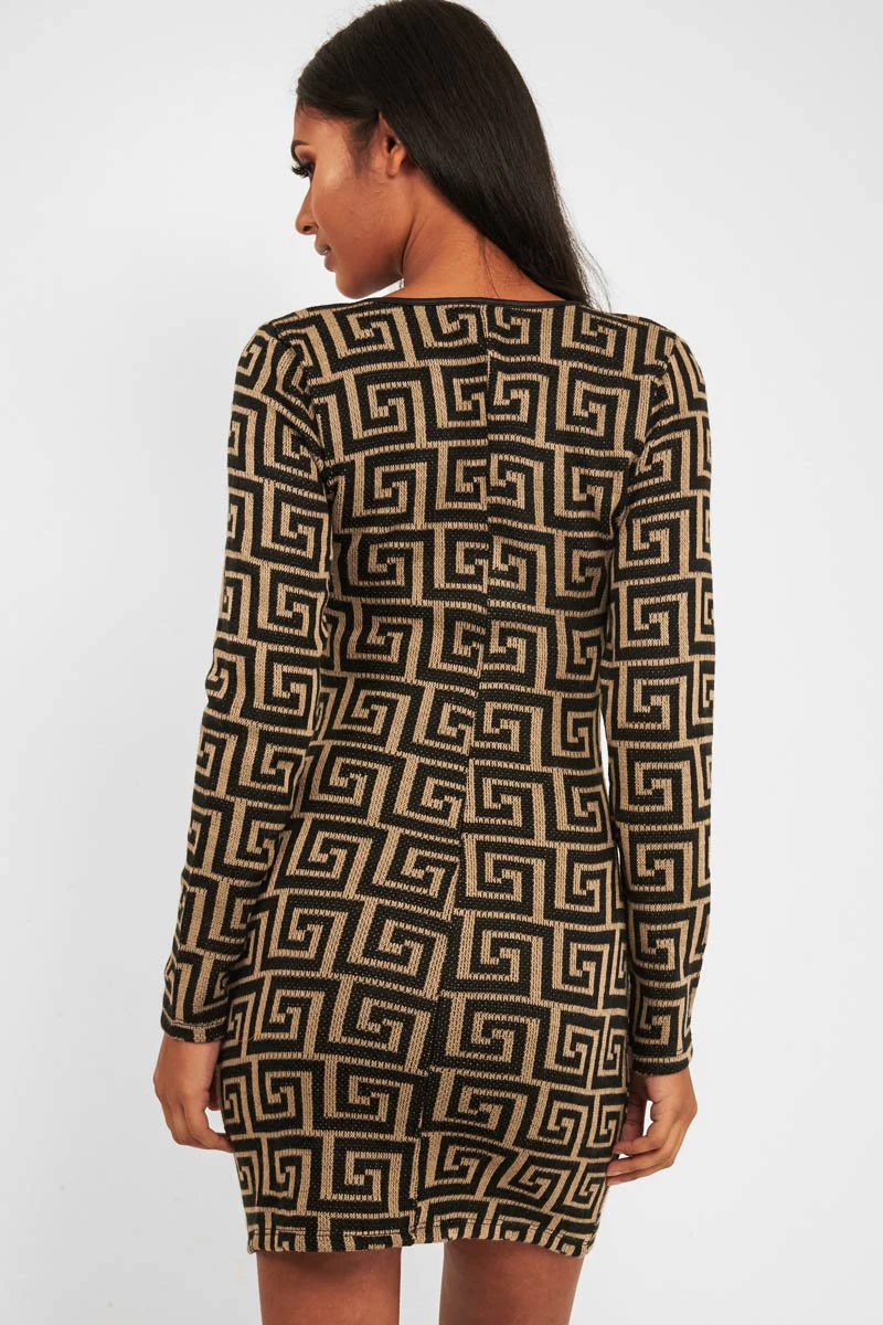 Beige Black Repeat Pattern Knit Dress - Lauralie - Image 5