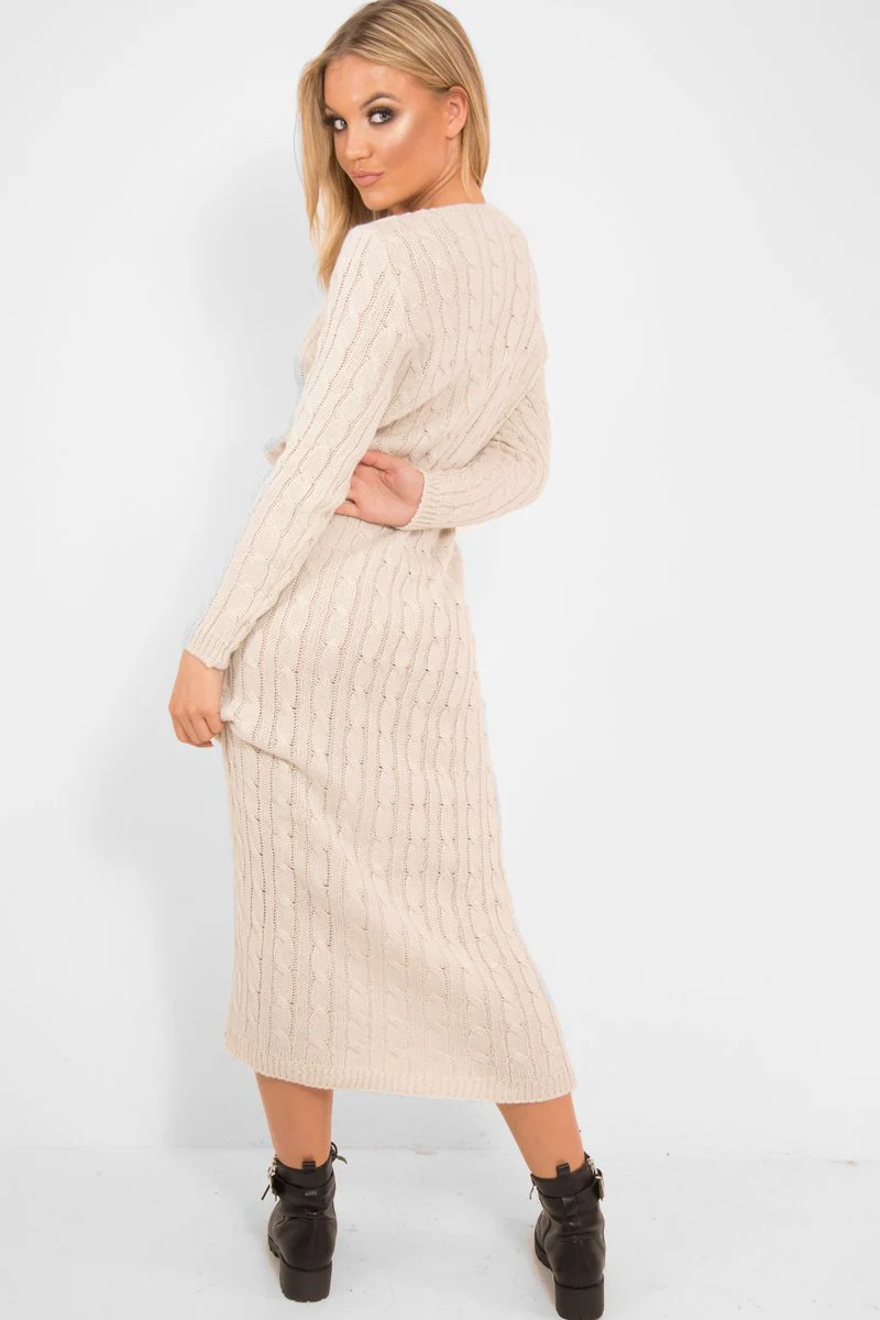 Beige Cable Knit Drawstring Waist Dress - Rhea - Image 3