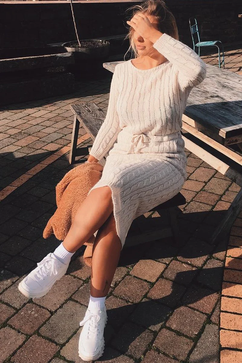 Beige Cable Knit Drawstring Waist Dress - Rhea - Image 5