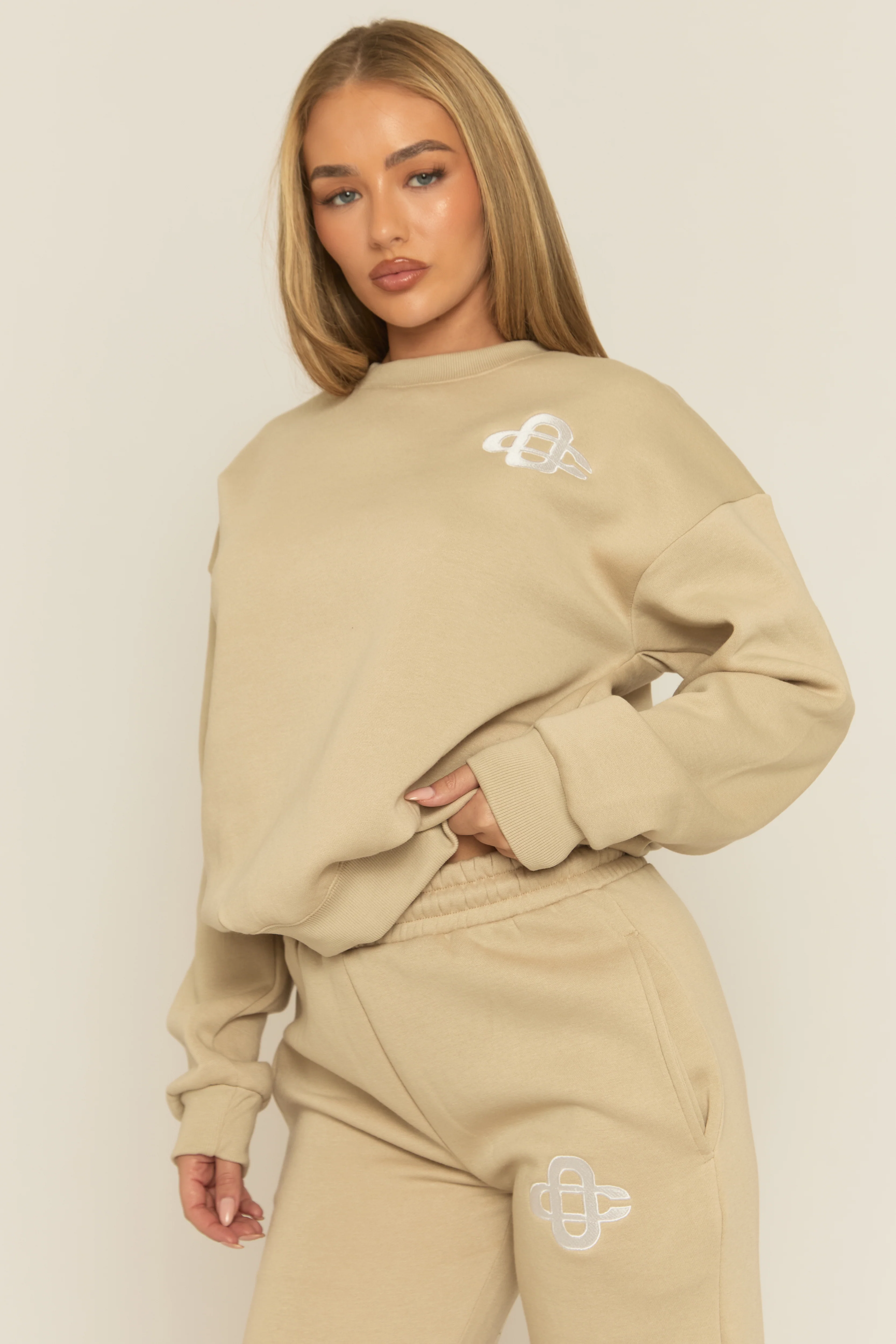 Beige Contrast Motif Jumper and Joggers Loungewear Co-ord Set - Oleen - Image 4