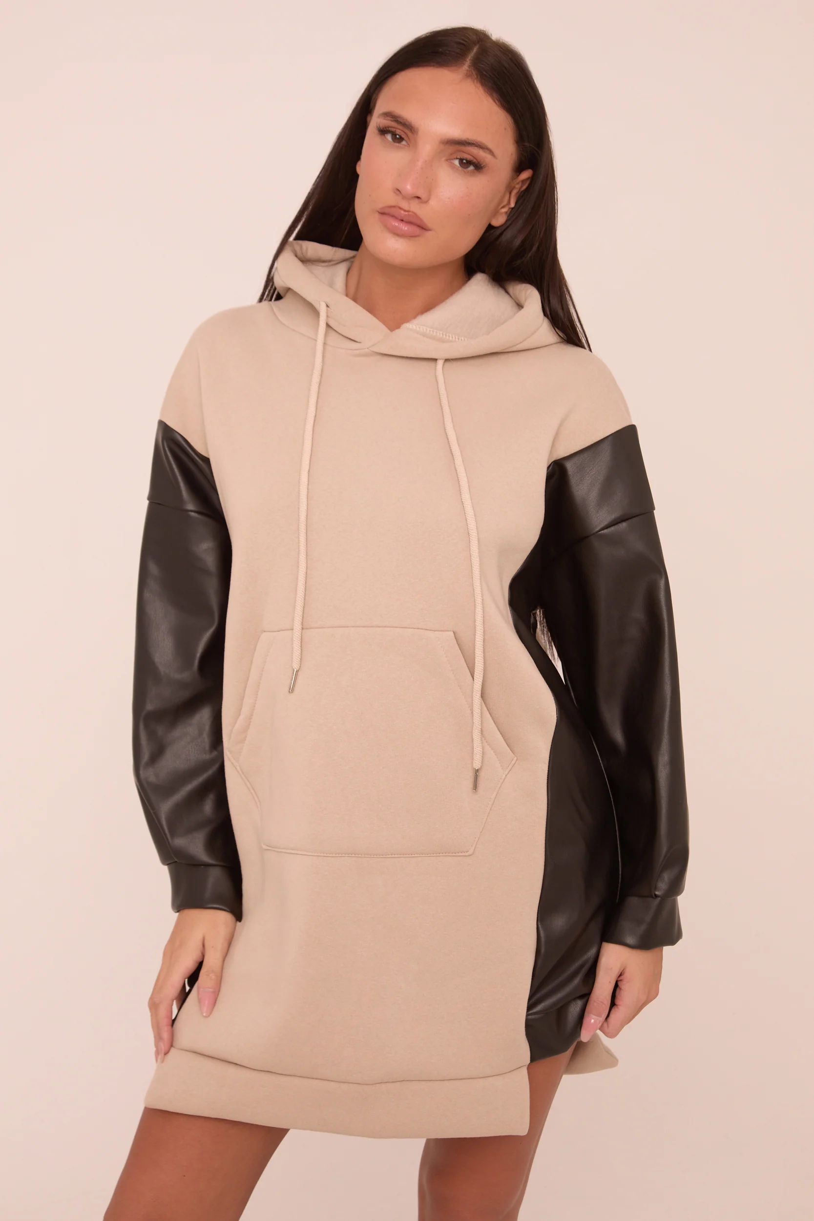 Beige Faux Leather Long Sleeves Hooded Jumper Dress - Kary - Image 3