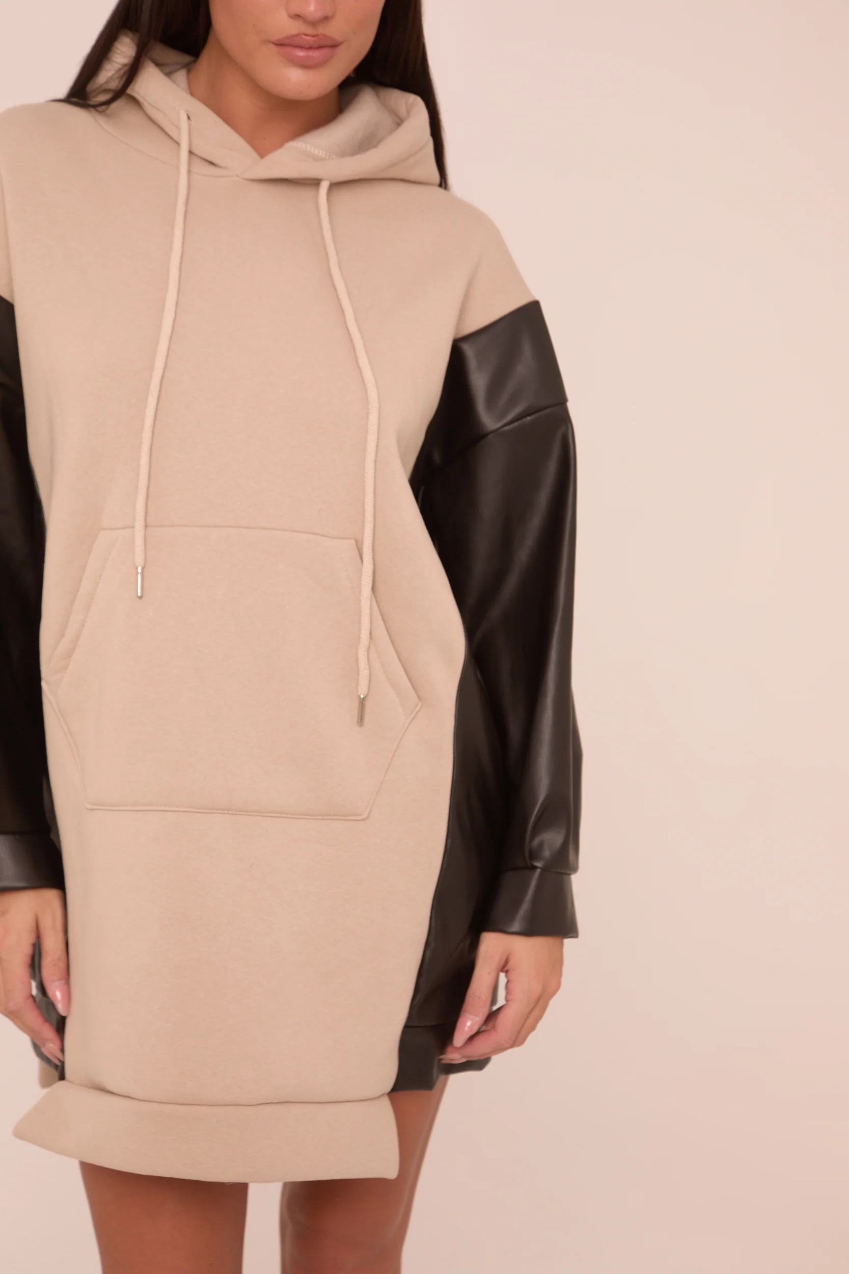 Beige Faux Leather Long Sleeves Hooded Jumper Dress - Kary - Image 4