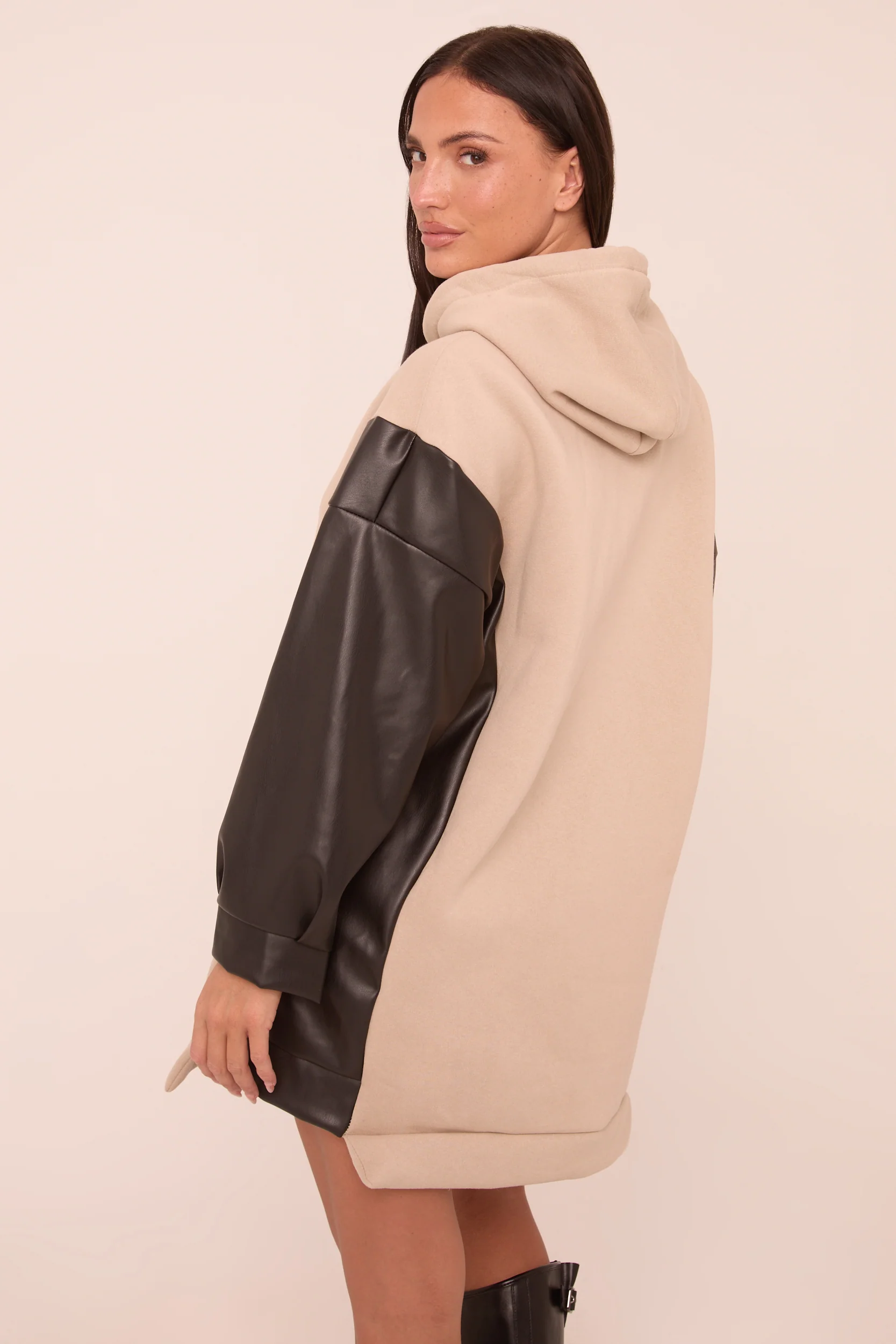 Beige Faux Leather Long Sleeves Hooded Jumper Dress - Kary - Image 5
