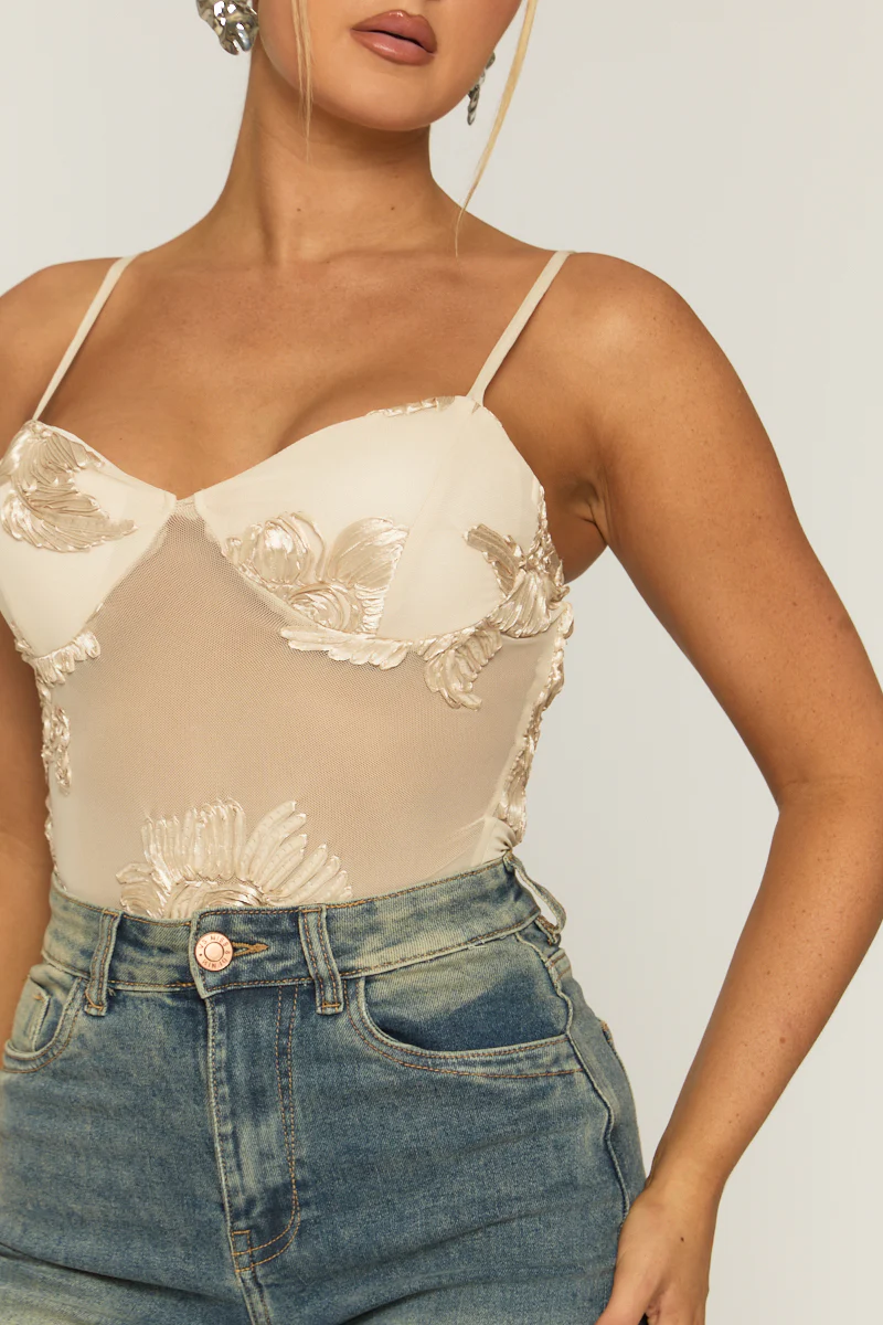 Beige Floral Embroidered Mesh Bodysuit - Rouen - Image 3