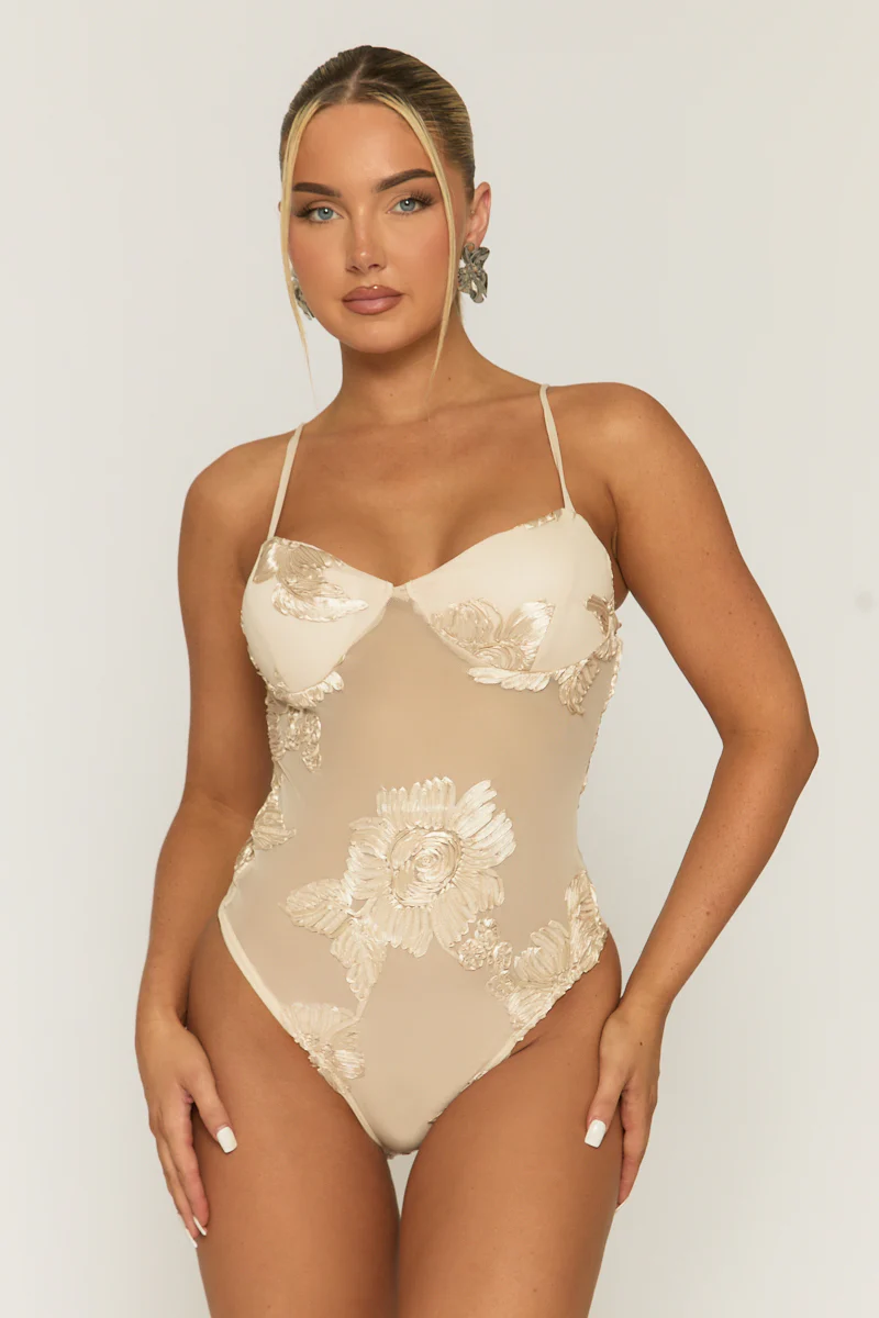 Beige Floral Embroidered Mesh Bodysuit - Rouen - Image 4