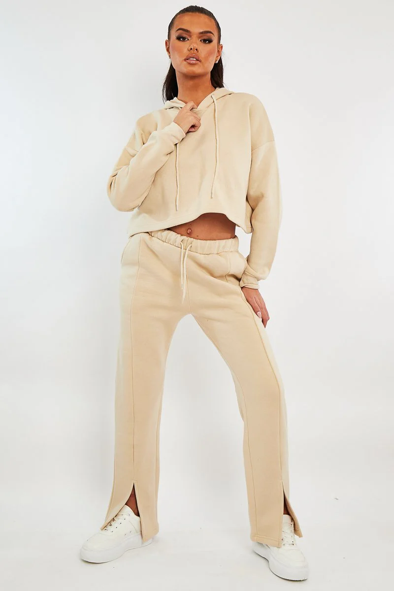 Beige Front Split Wide Leg Joggers - Jenise - Image 4