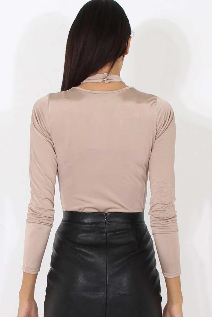 Beige Harness Choker Long Sleeve Bodysuit - Sandra - Image 5