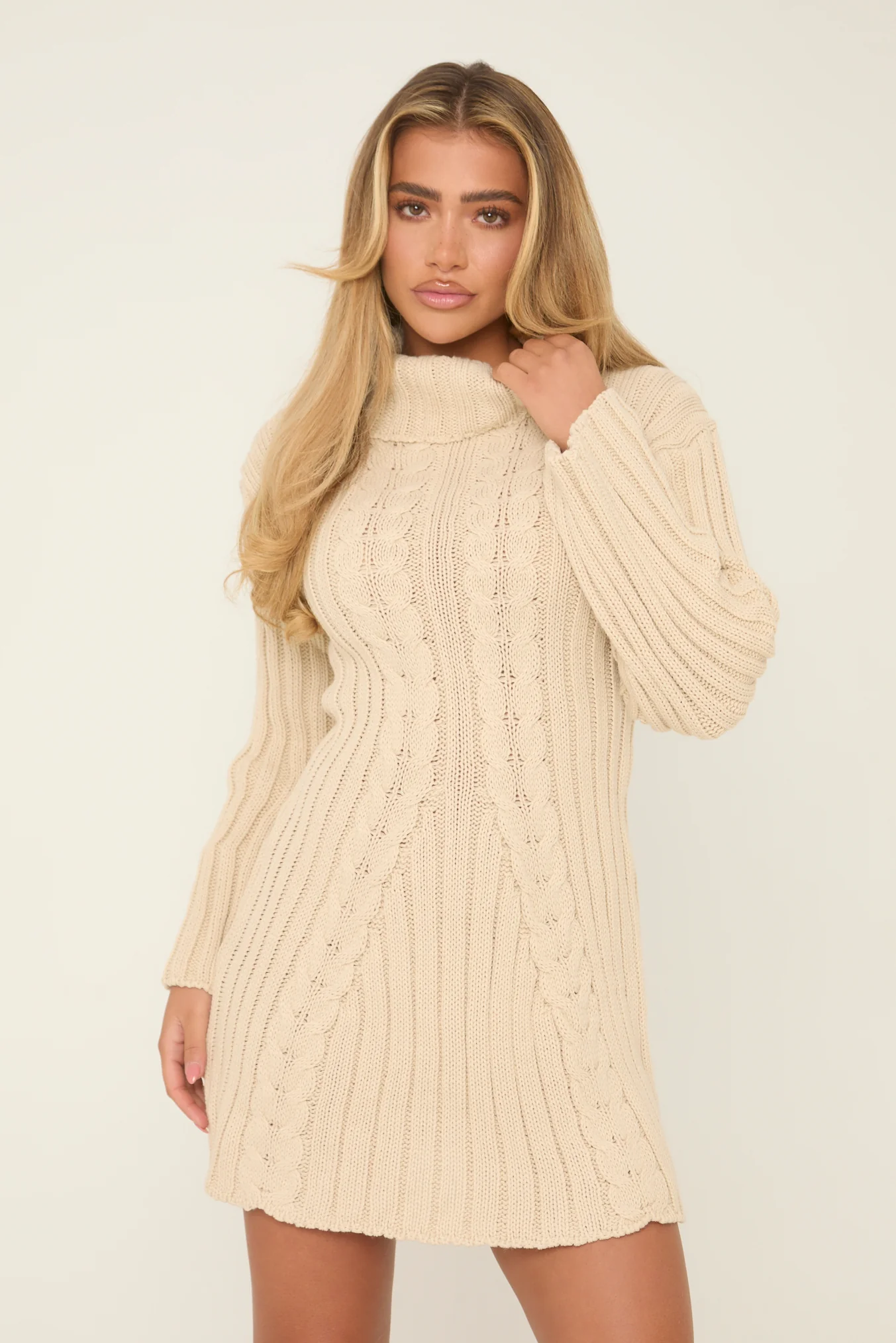 Beige Knitted Roll Neck Mini Jumper Dress - Daisy - Image 3