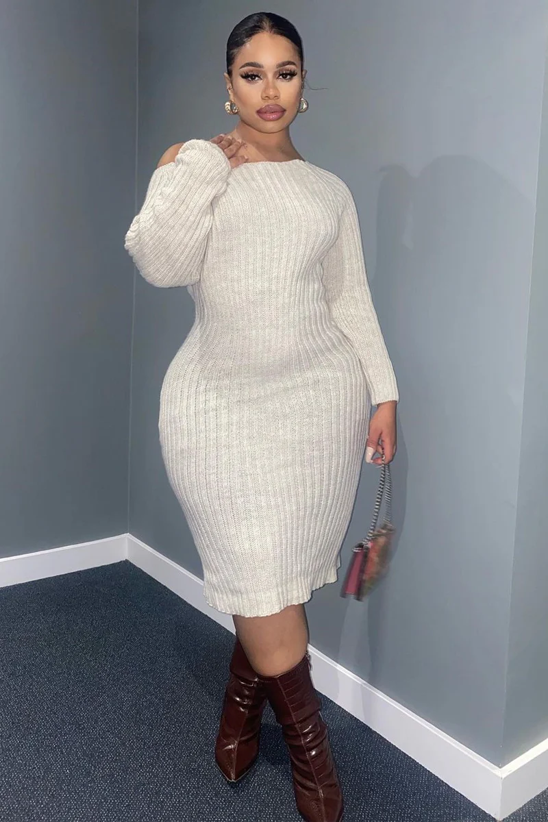 Beige Open Twist Back Midi Bodycon Jumper Dress - Karrah - Image 12