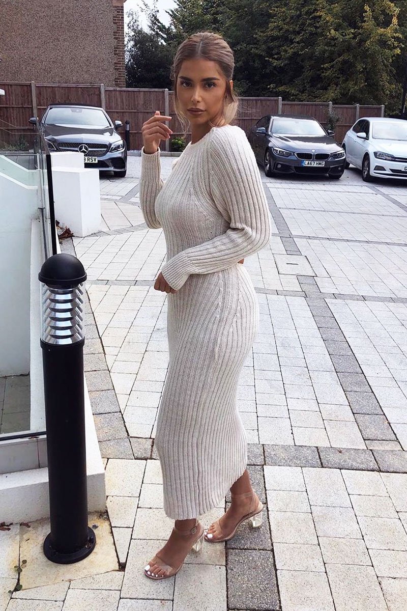 Beige Open Twist Back Midi Bodycon Jumper Dress - Karrah - Image 14