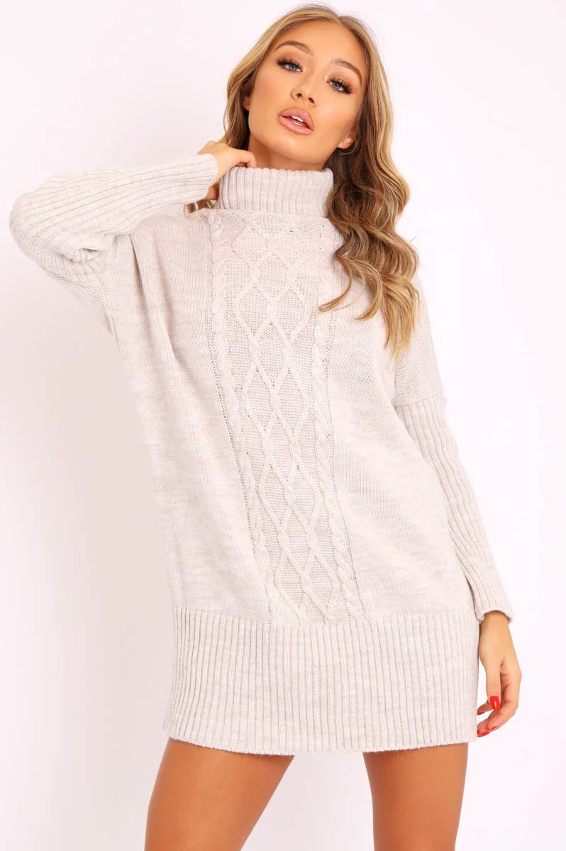 Beige Oversized Knitted Turtle Neck Jumper Dress - Freyah - Image 4