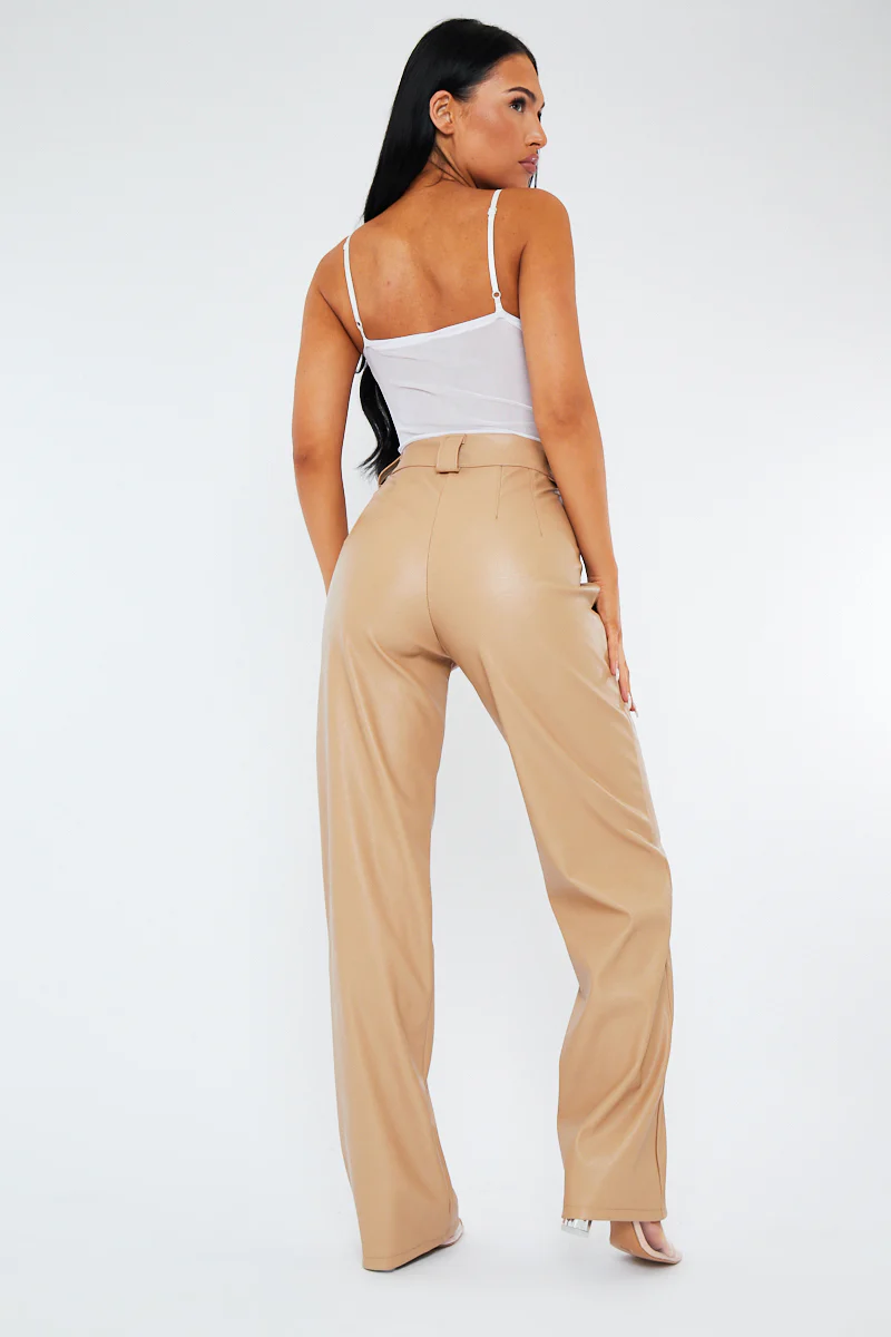 Beige Pleated Straight Leg PU Leather Trousers - Jaymi - Image 3