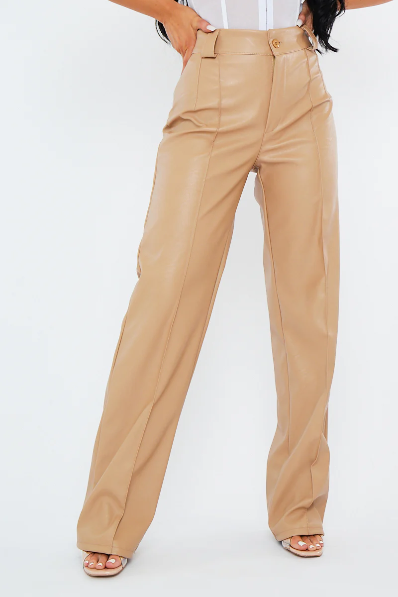 Beige Pleated Straight Leg PU Leather Trousers - Jaymi - Image 4