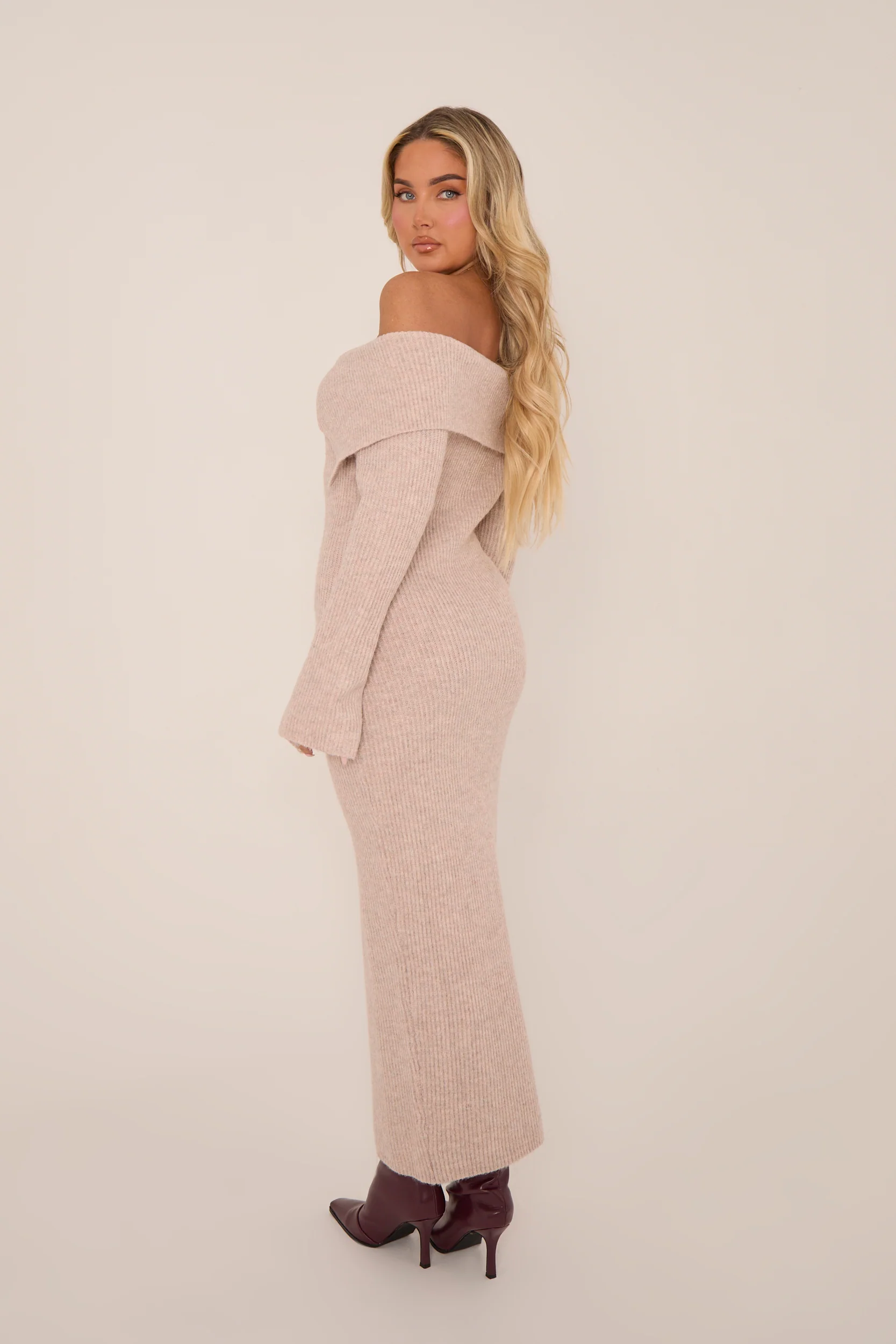Beige Premium Knit Fold Down Midi Dress - Celia - Image 5