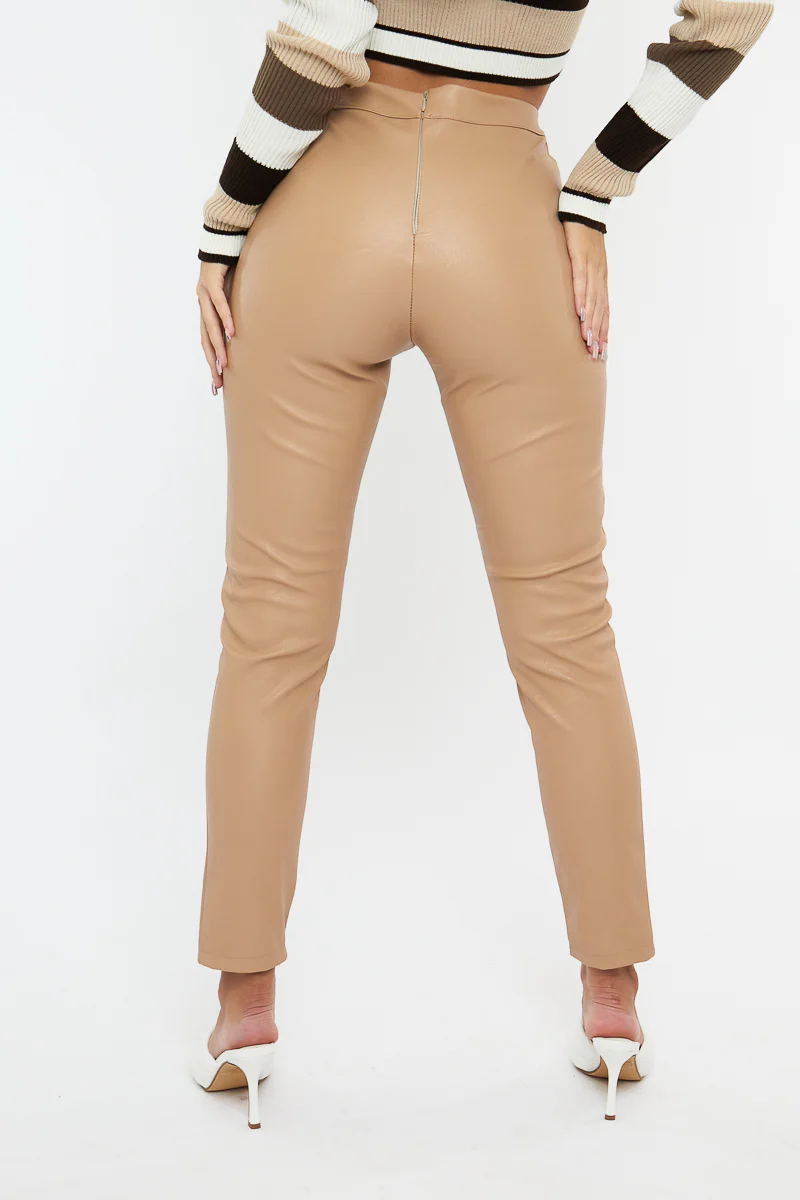 Beige PU Leather Front Slit Trousers - Caro - Image 3