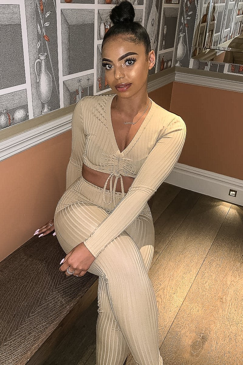 Beige Rib Ruched Front Crop Top Legging Loungewear Co-Ord - Victoria - Image 7