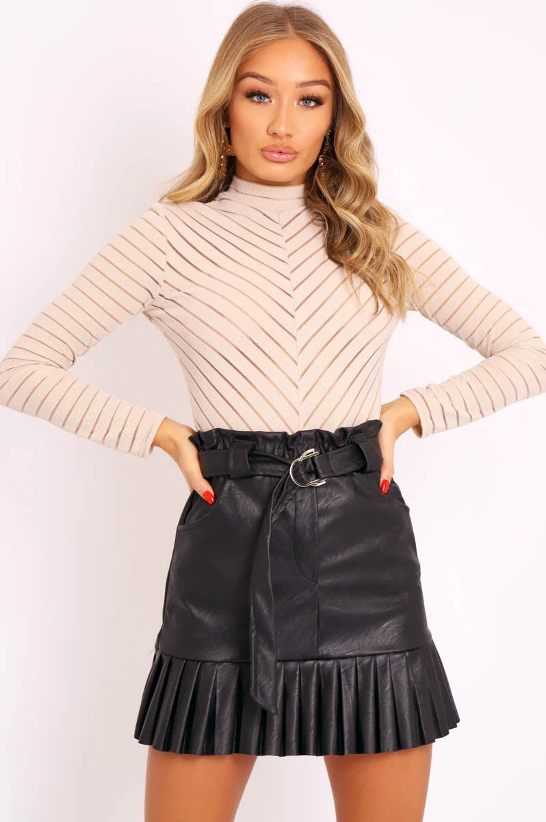 Beige Ribbed Mesh Panel Long Sleeve Bodysuit - Amira - Image 5