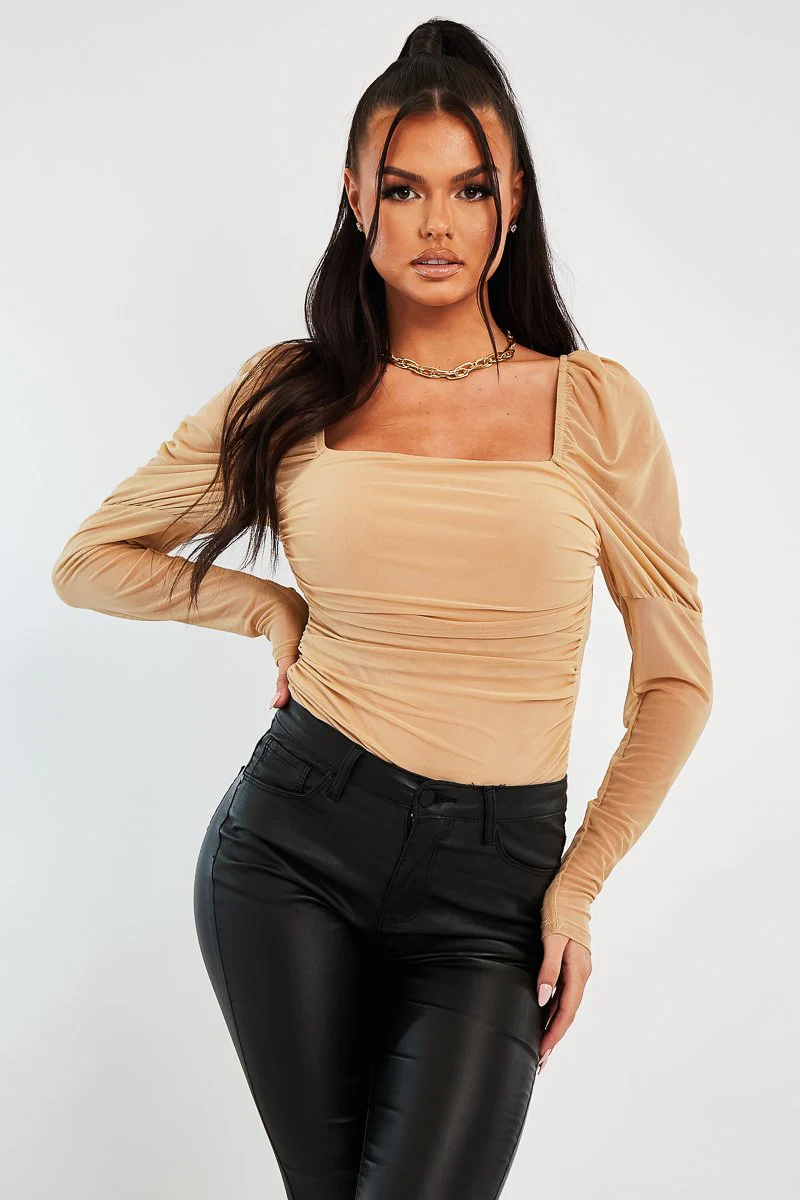 Beige Ruched Body Mesh Sleeve Bodysuit - Raeya - Image 3