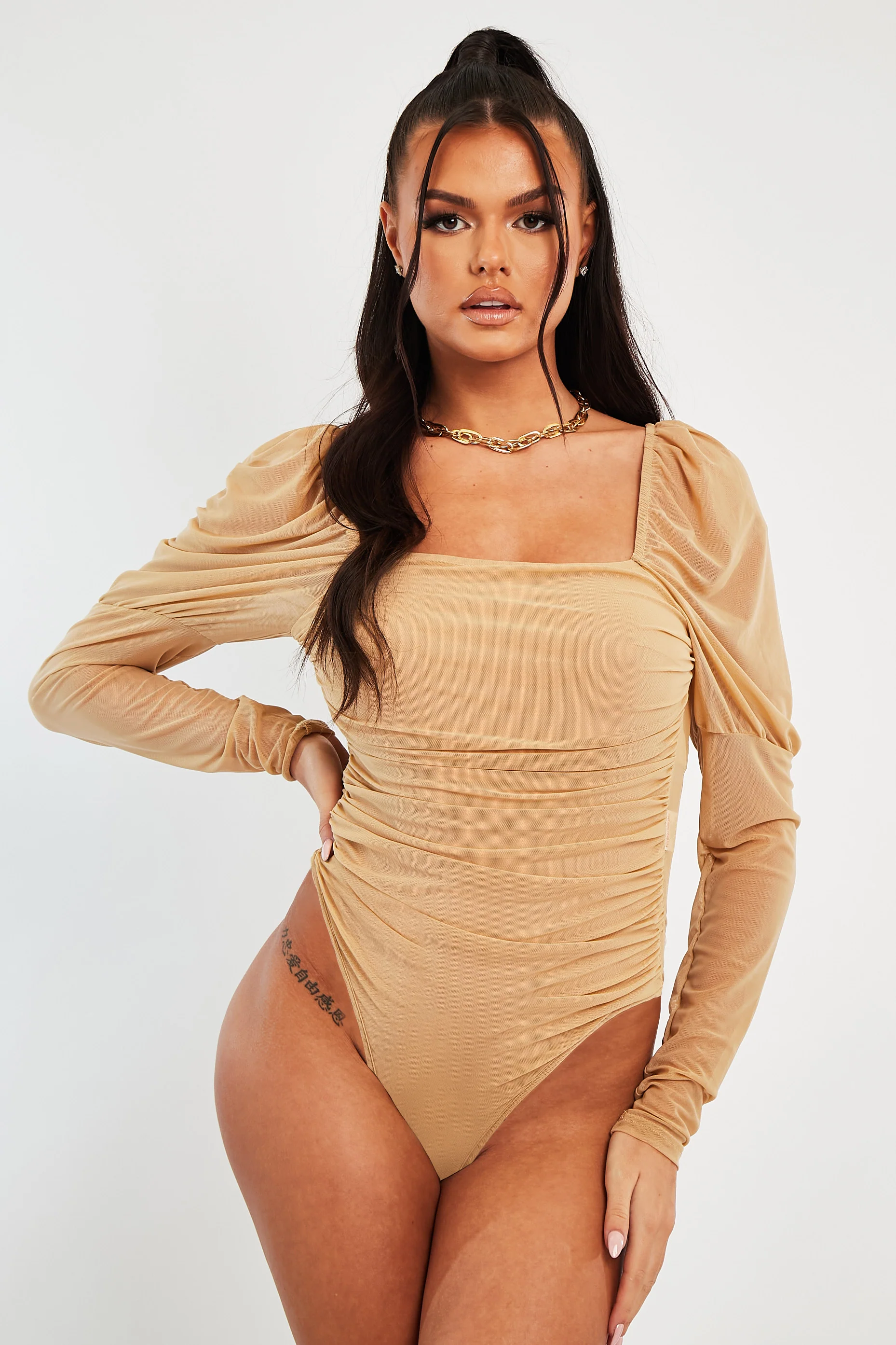 Beige Ruched Body Mesh Sleeve Bodysuit - Raeya - Image 5