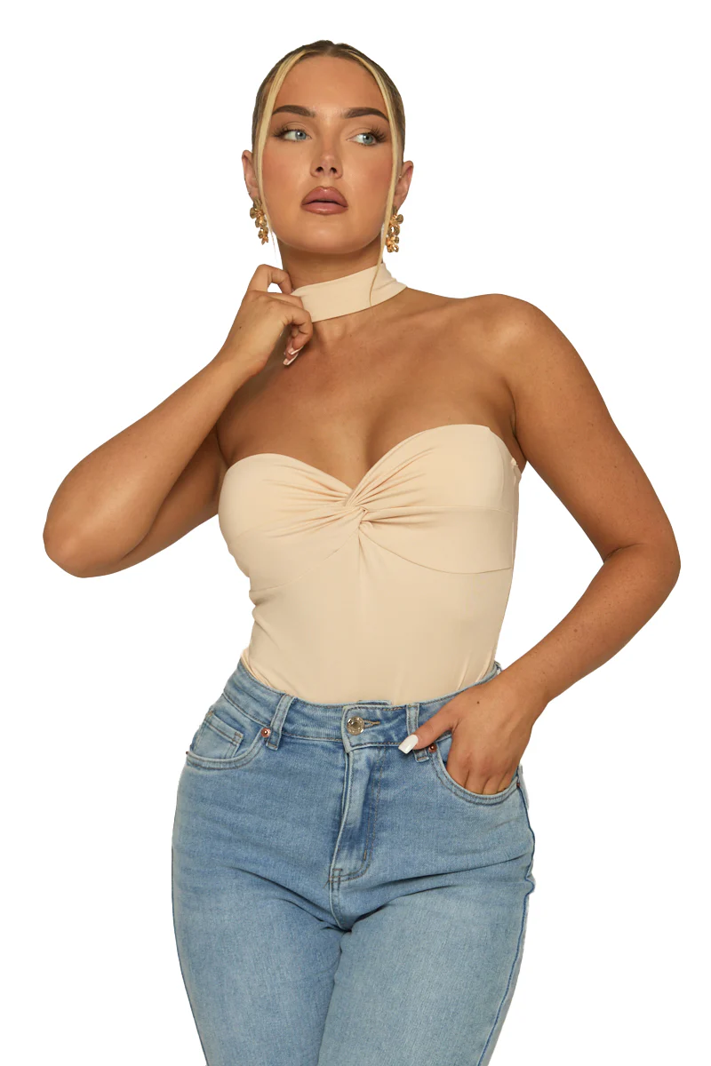 Beige Ruched Bust Choker Detail Bodysuit - Singapore - Image 6