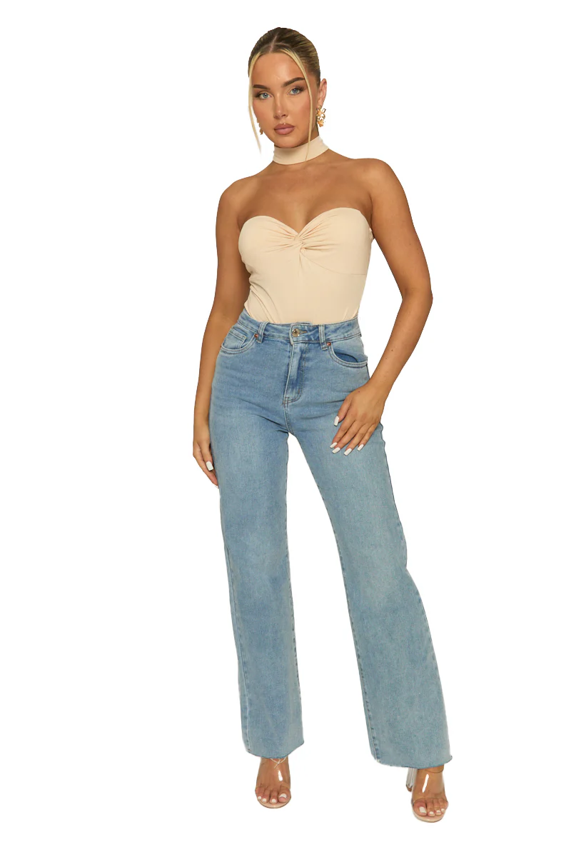 Beige Ruched Bust Choker Detail Bodysuit - Singapore - Image 7