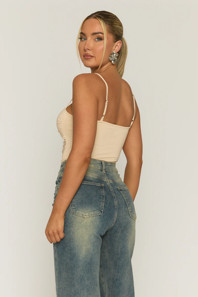 Beige Ruched Front Padded Bust Bodysuit - Budapest - Image 4