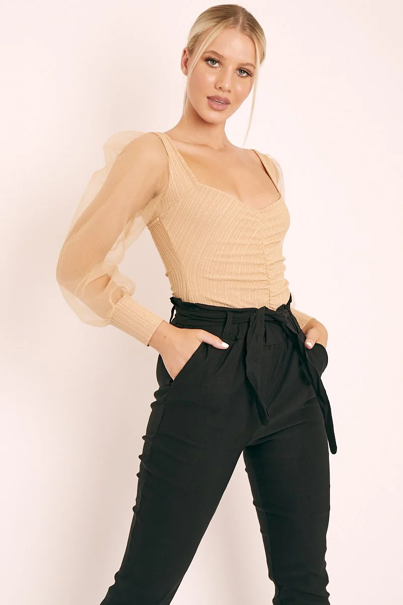 Beige Ruched Metallic Puff Sleeve Bodysuit - Elvie - Image 3