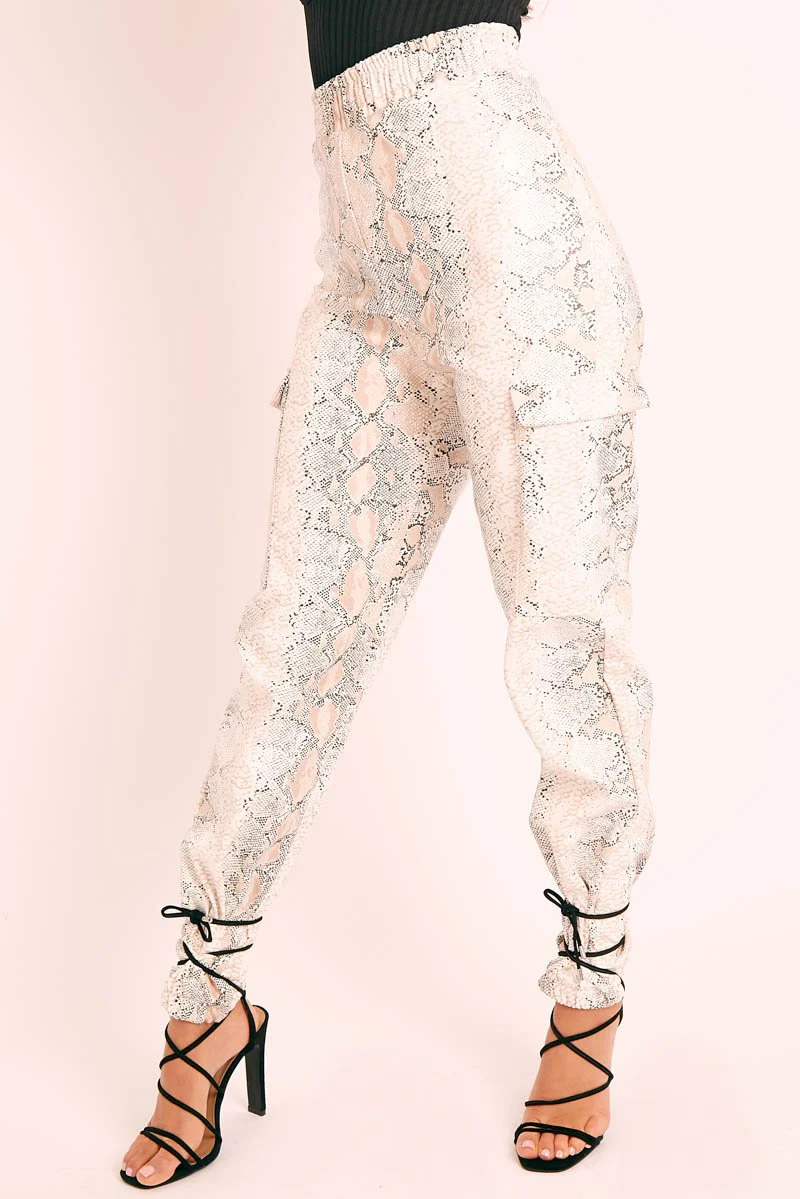 Beige Snake Faux Leather Cargo Trousers - Blake - Image 3