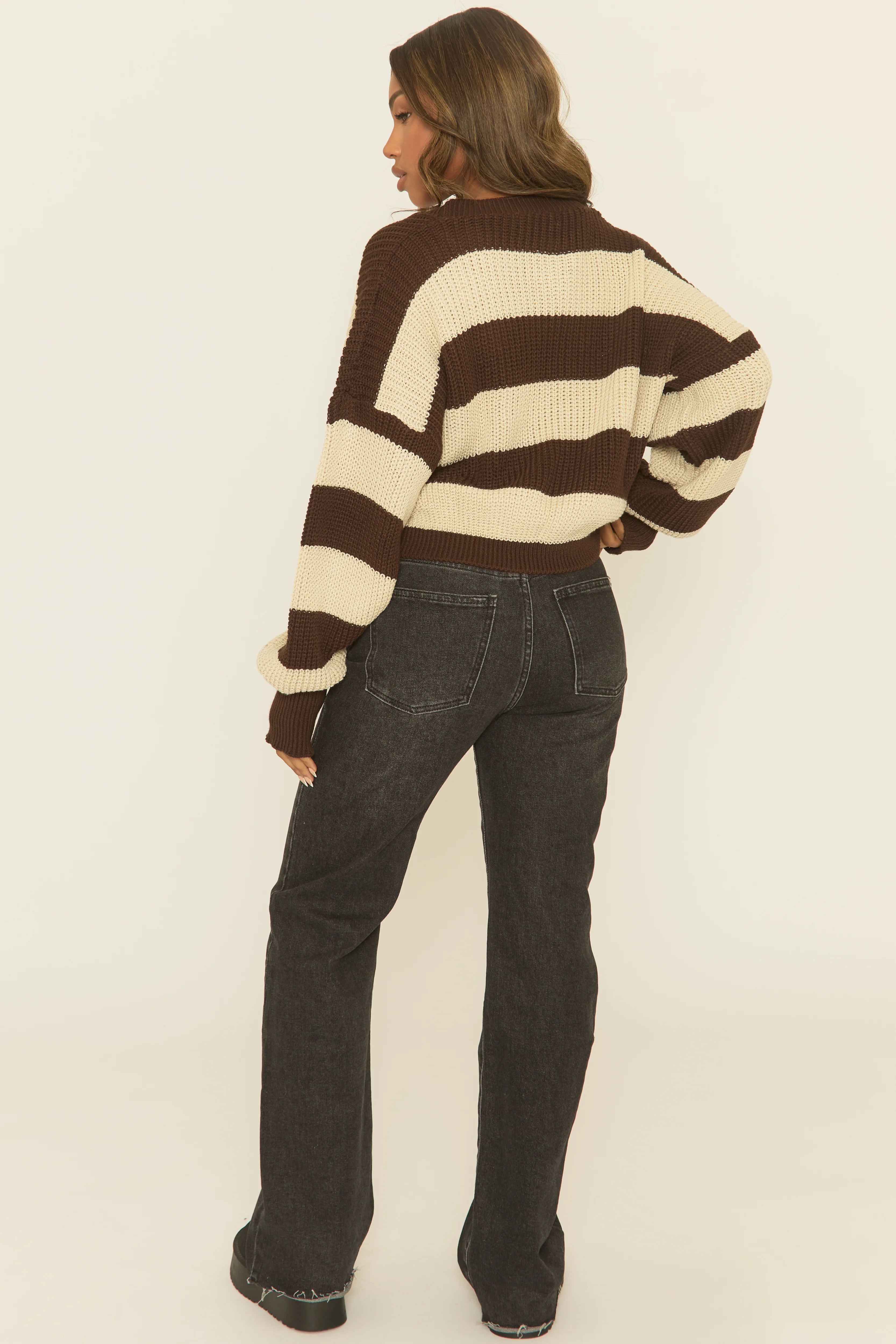 Beige Stripe Cropped Knit Oversized Jumper - Ciara - Image 5