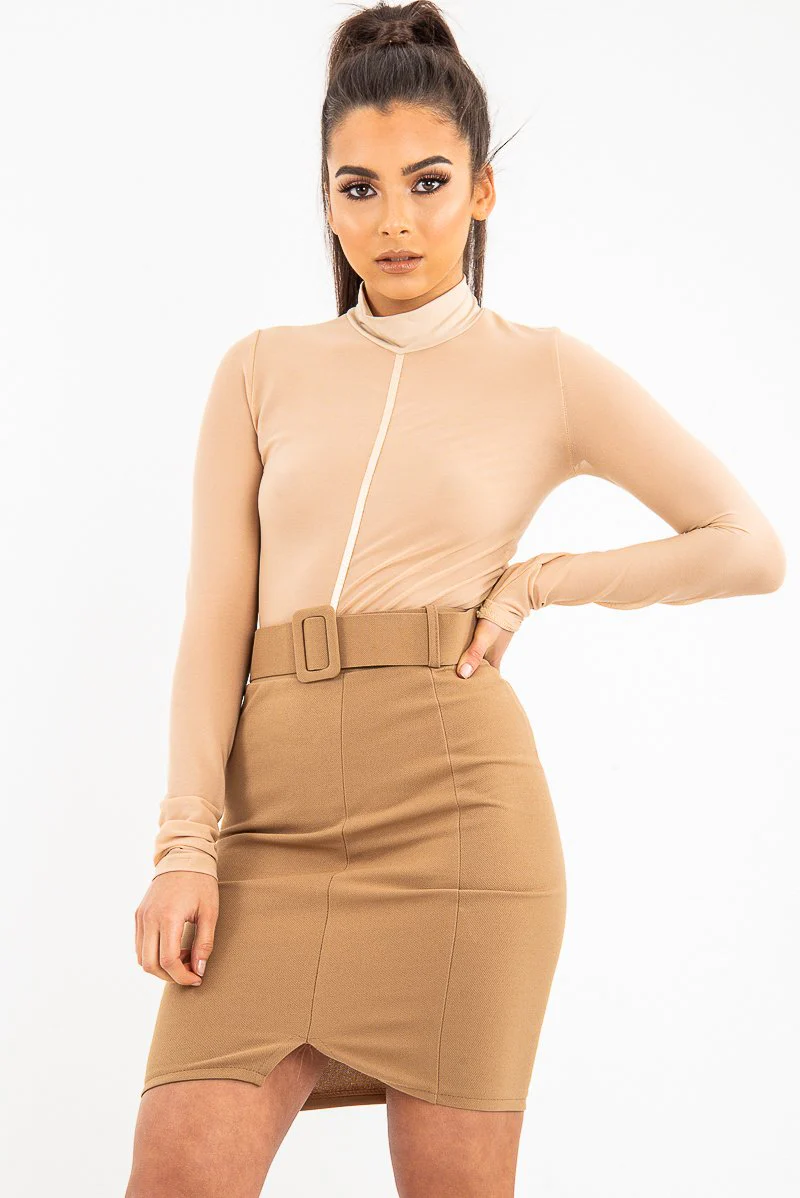 Beige Turtle Neck All Over Mesh Bodysuit - Makeila - Image 5