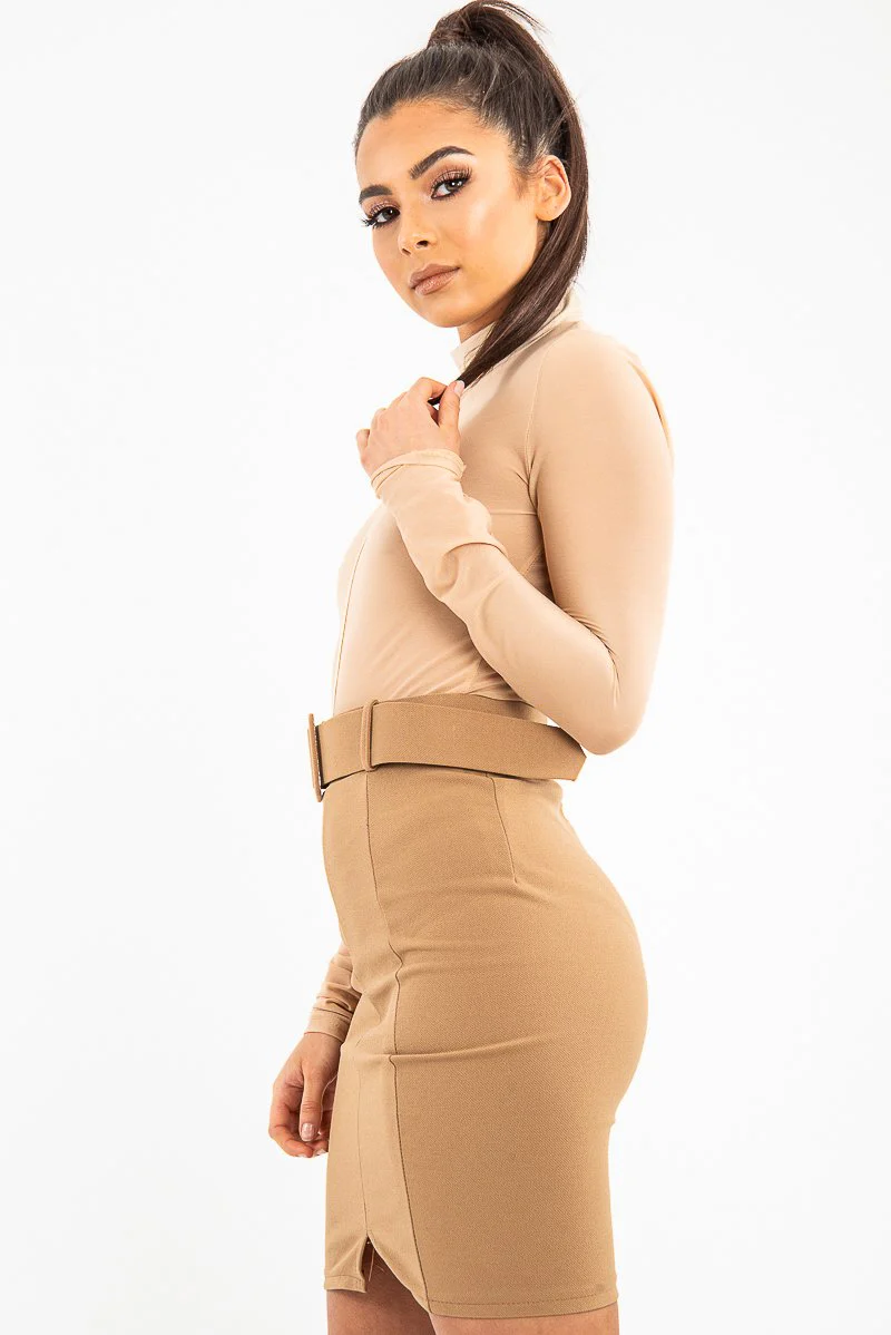 Beige Turtle Neck All Over Mesh Bodysuit - Makeila - Image 6