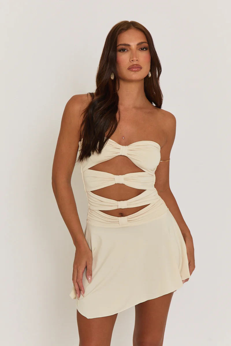 Beige Twist Front Cut Out Mini Dress - Fredrica - Image 4
