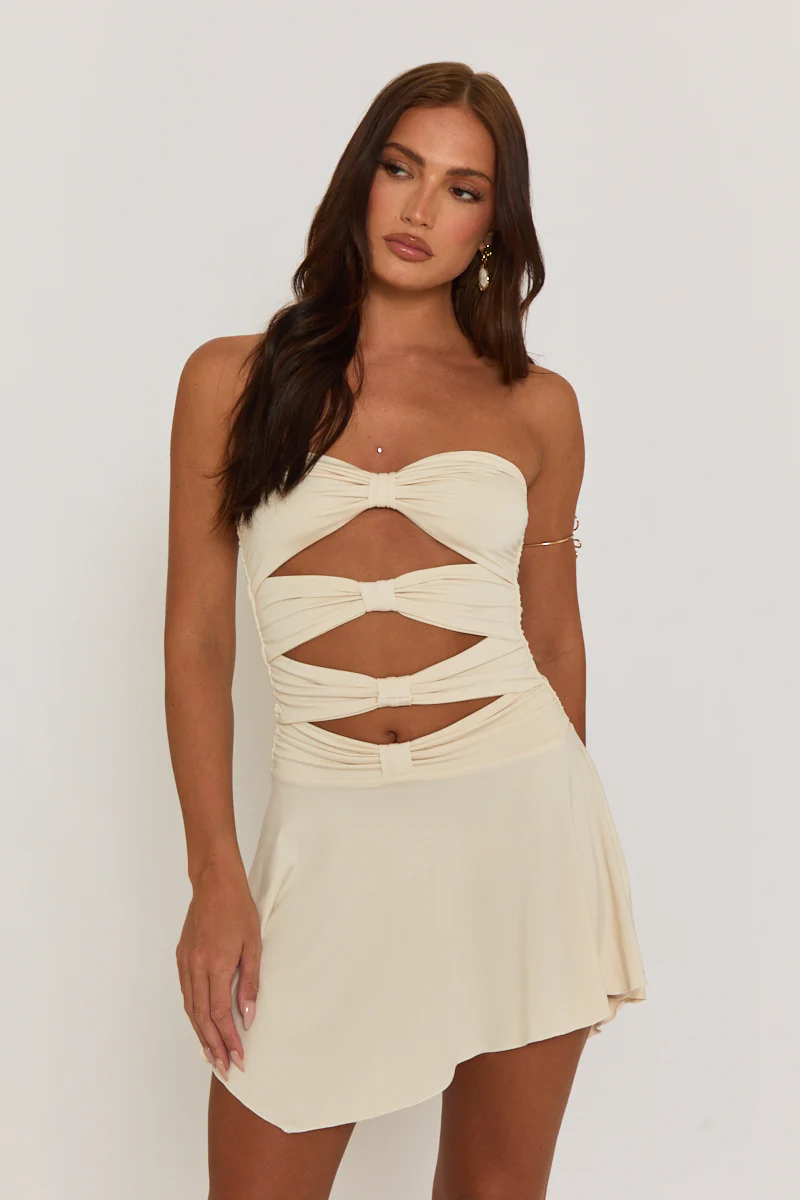 Beige Twist Front Cut Out Mini Dress - Fredrica - Image 7