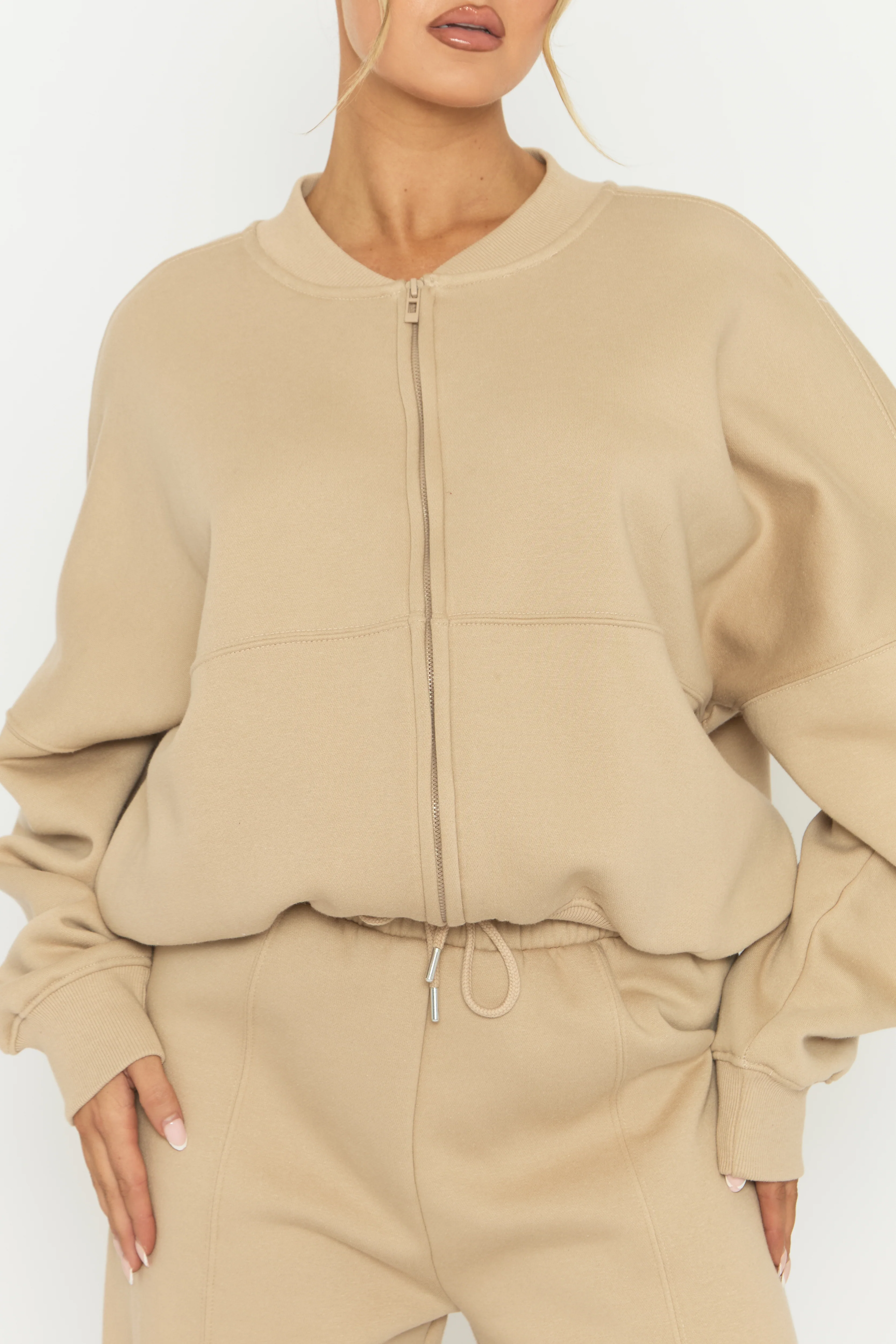 Beige Zip Front Bomber And Joggers Loungewear Co-ord Set - Sasha - Image 3