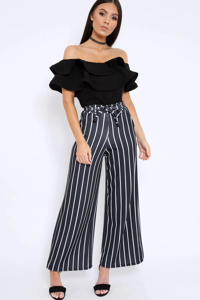 Black & White Stripe Tie Belt Trousers - Twisha - Image 3