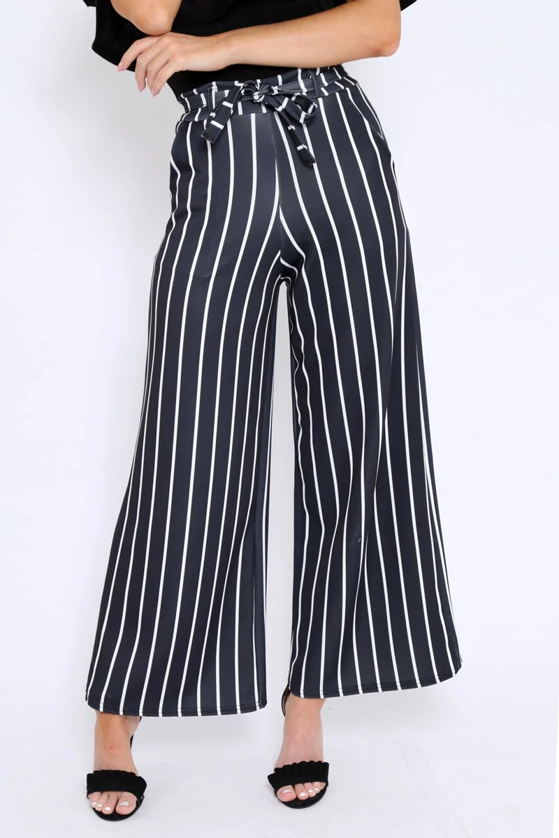 Black & White Stripe Tie Belt Trousers - Twisha - Image 4