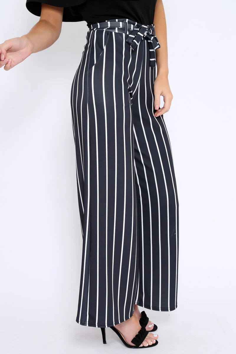 Black & White Stripe Tie Belt Trousers - Twisha - Image 5