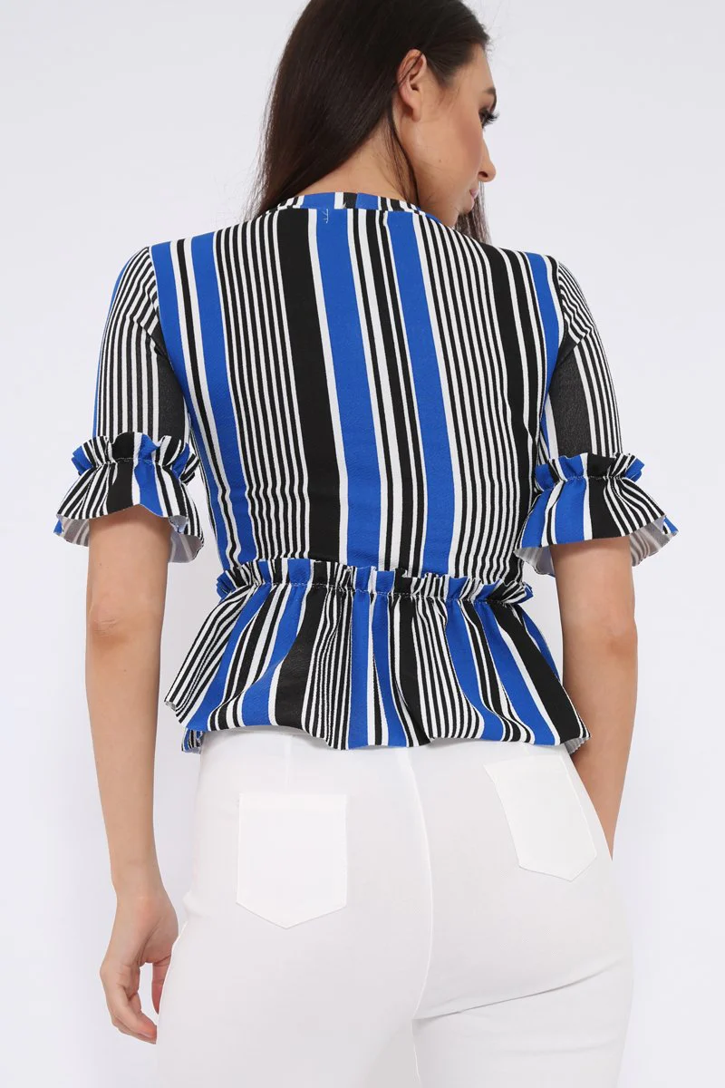 Black and Blue Stripe Ruffle Peplum Top - Kyriee - Image 4