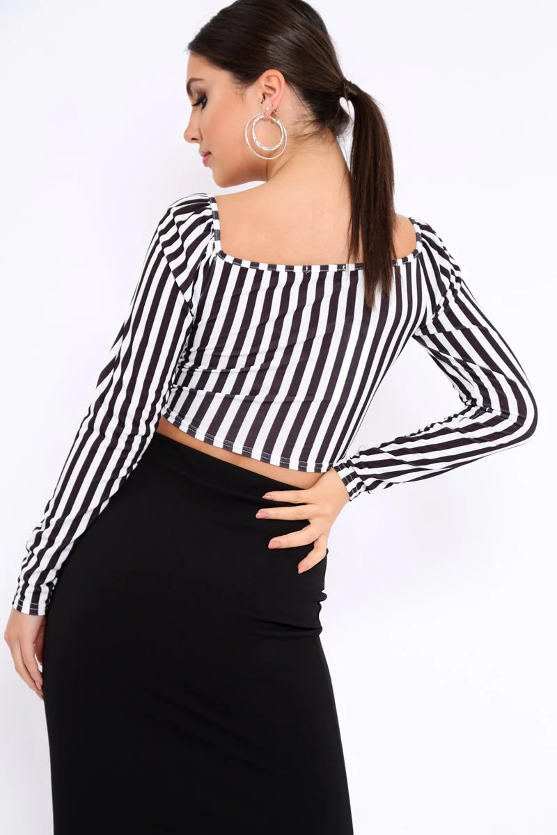 Black and White Striped Bardot Ruched Tie Top - Dakota - Image 4