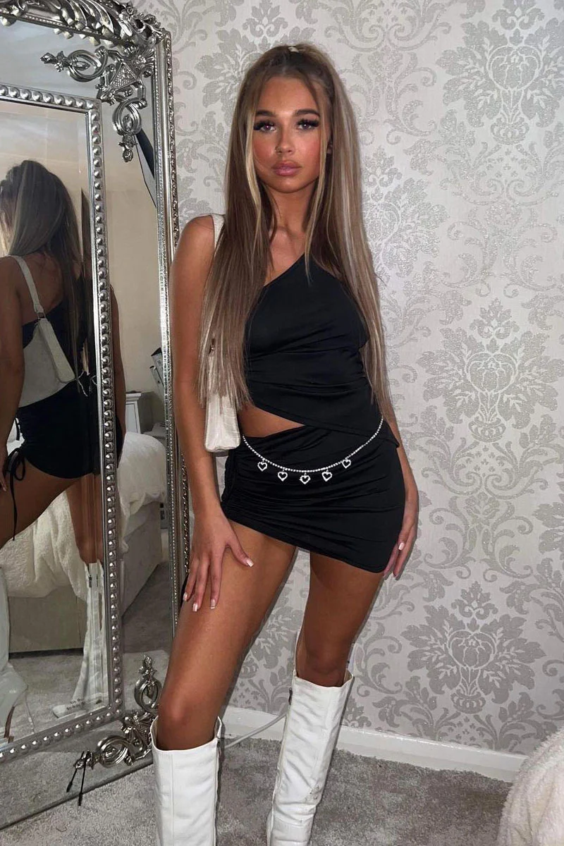 Black Asymmetric Crop Top & Mini Skirt Set - Lacey - Image 13