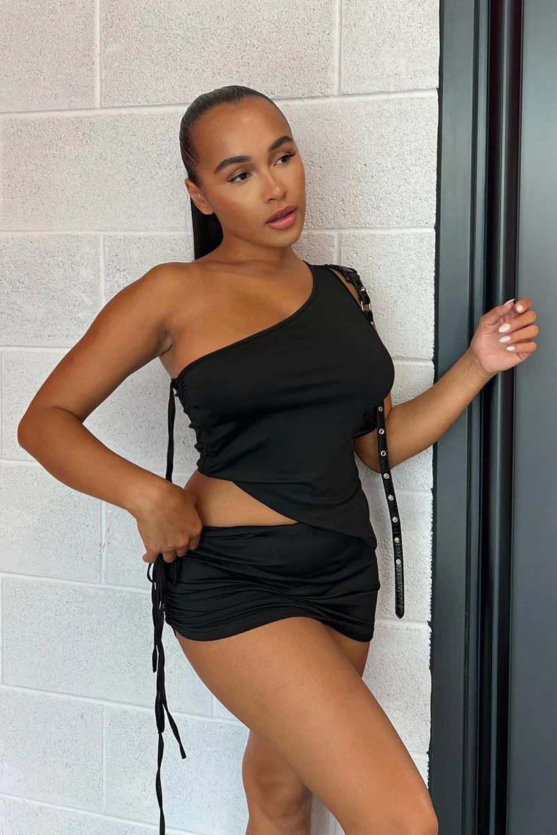 Black Asymmetric Crop Top & Mini Skirt Set - Lacey - Image 7