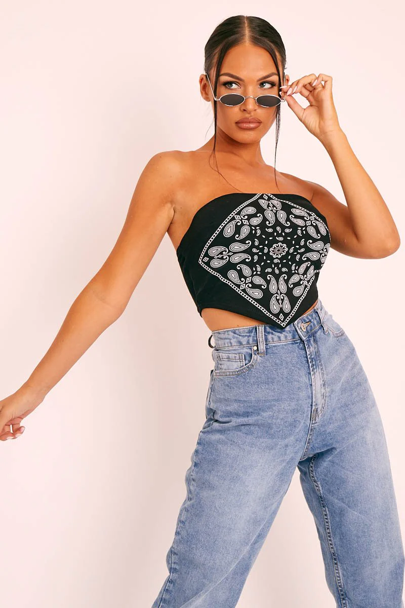 Black Bandana Scarf Print Crop Top - Jacquelin - Image 3