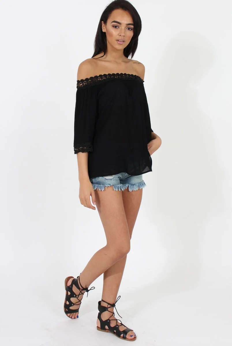 Black Bardot Crochet Top - Aliza - Image 3