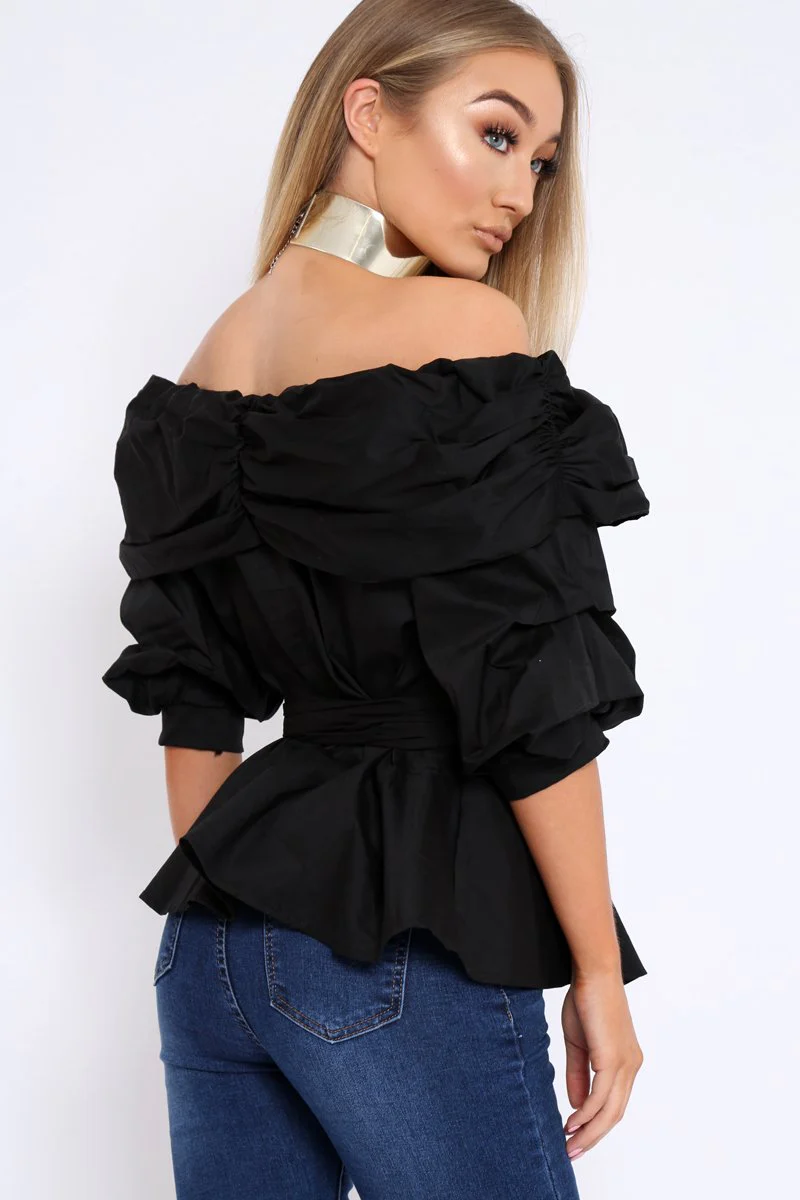 Black Bardot Ruched Frill Top with Waist Tie Detailing - Sarina - Image 4