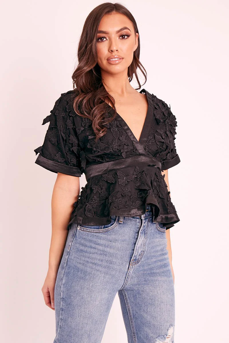 Black Butterfly Applique Plunging Neckline Top - Mallory - Image 3