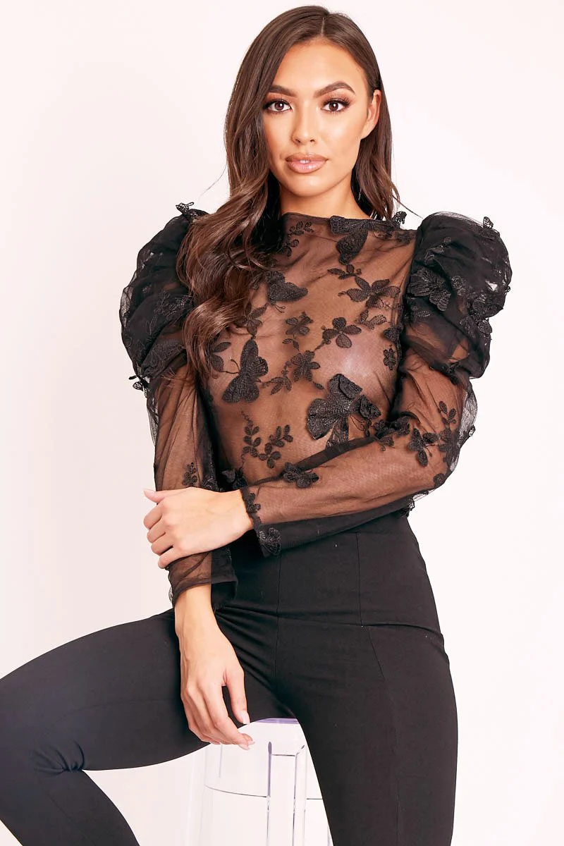 Black Butterfly Embroidery Mesh Puff Sleeve Top - Raaya - Image 4